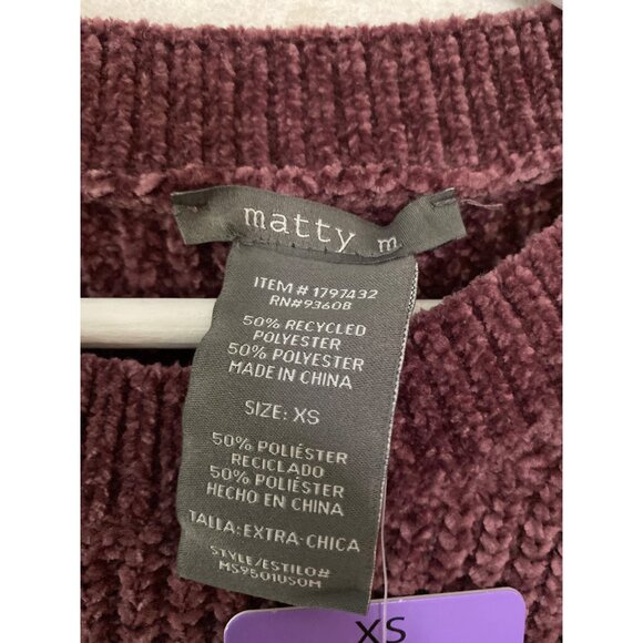 Matty M XS Chenille Crewneck Sweater Women's Recycled Fabric Plum Ribbed Hem - Picture 11 of 11
